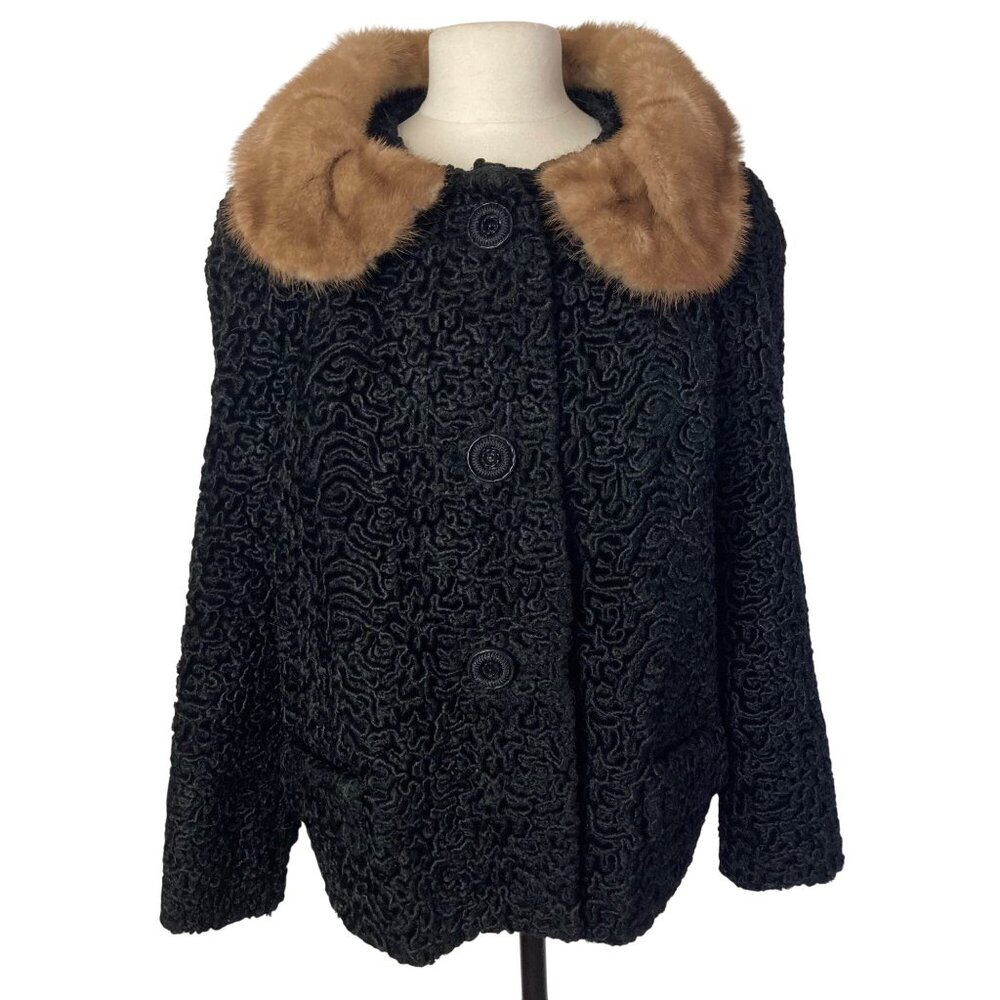 Vintage 60s Astrakin Lepshire Coat Large Black Faux Lamb Mink Collar France